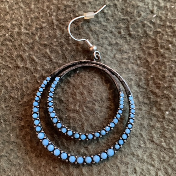 Double circle faux turquoise dangle earrings.  Approximately 2 1/4 inches. - Picture 5 of 6